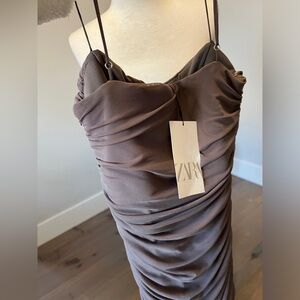 🩶NWT Taupe Grey Ruched Dress by Zara SMALL